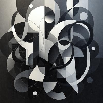 The primary subject of the image is a black and white abstract artwork featuring a series of interconnected circles. The setting is a black background, which emphasizes the artwork's visual style. The artwork appears to be a digital illustration or a pattern, with a focus on the interconnected circles and their intricate design. The overall atmosphere of the image is one of creativity and artistic expression.